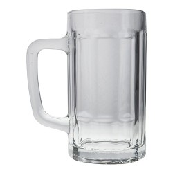 Tarro cervecero de vidrio con asa.
