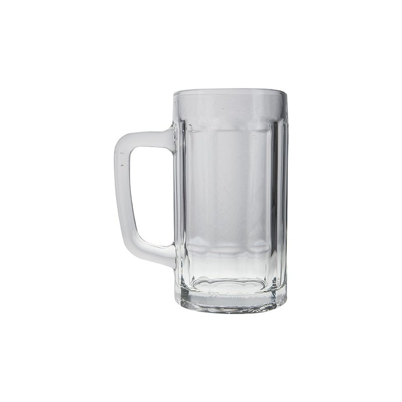 Tarro cervecero de vidrio con asa.