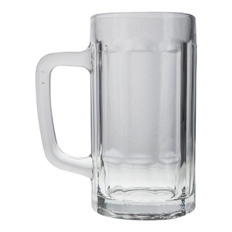 Tarro cervecero de vidrio con asa.